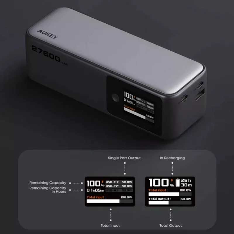 Power bank 27600 mAh, 140 W, Aukey - srebrny (VAM15-32)