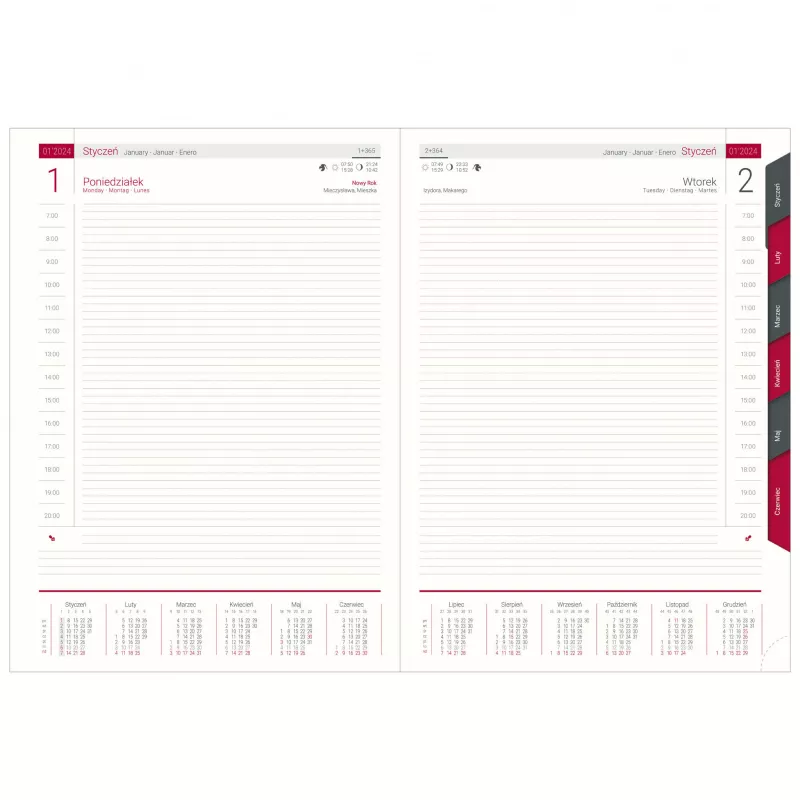 Kalendarz książkowy A4, dzienny, z registrami COMBO - różne kolory (KK-VCC-400RD)