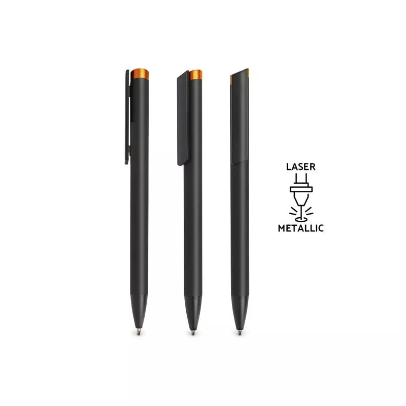 Czarny długopis metalowy z pomarańczowym przyciskiem