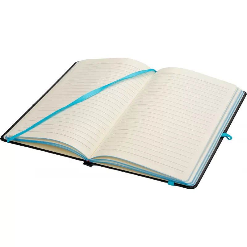Czarny notes A5 z turkusową gumką i zakładką, krawędzie kartek turkusowe