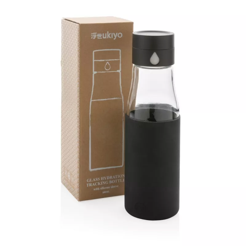 Butelka szklana Ukiyo, monitorująca ilość wypitej wody 650 ml - czarny (P436.721)