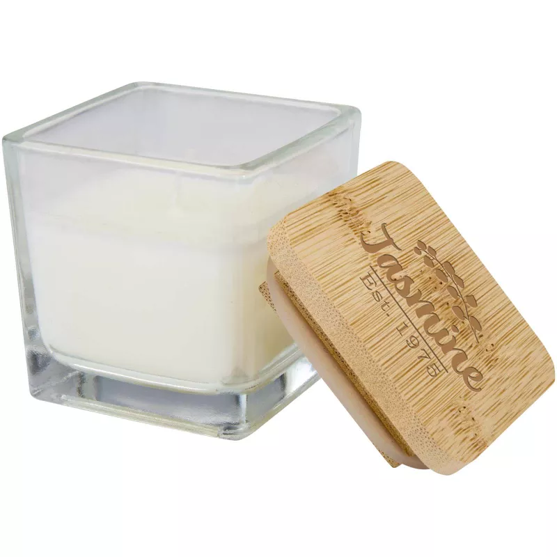 Ambra kwadratowa świeca w szkle z bambusową pokrywką - Biały (12635401)