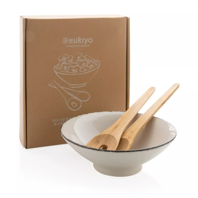 Miska do sałatki Ukiyo, bambusowe sztućce - biały, czarny (P263.091)