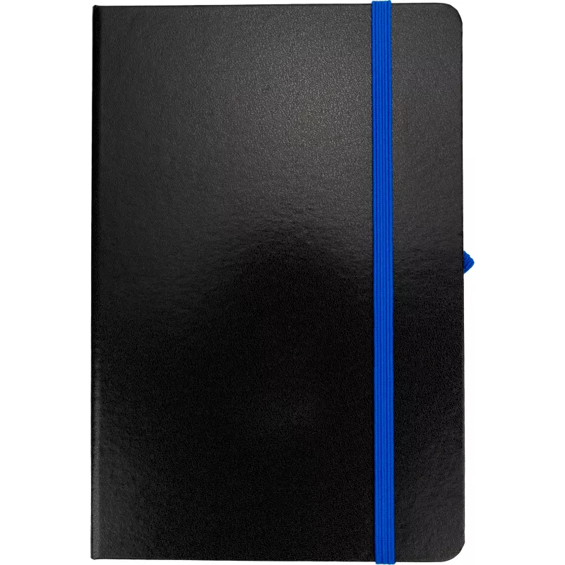 Czarny notes A5 z niebieską gumką i zakładką, krawędzie kartek niebieskie