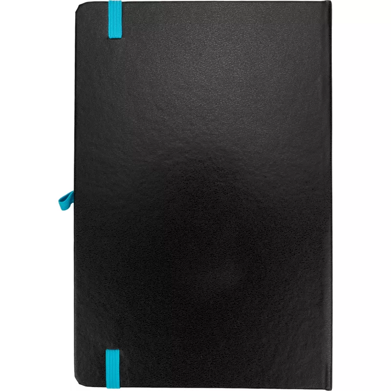 Czarny notes A5 z turkusową gumką i zakładką, krawędzie kartek turkusowe