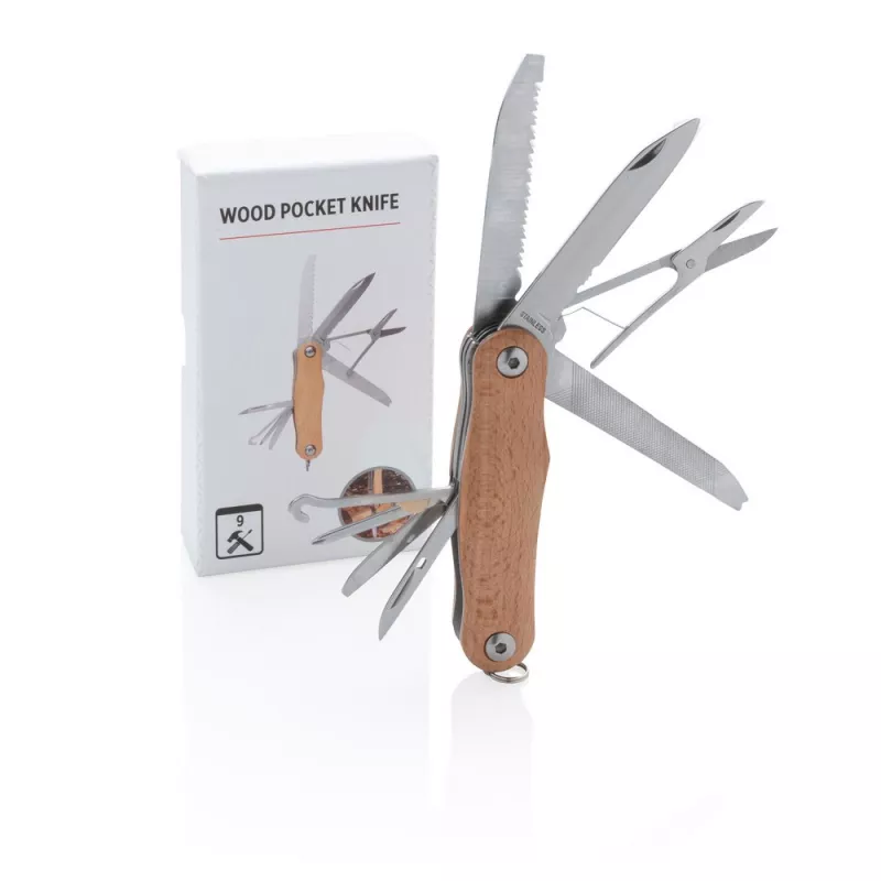 Nóż wielofunkcyjny, scyzoryk, 9 el. - brązowy (P221.389)