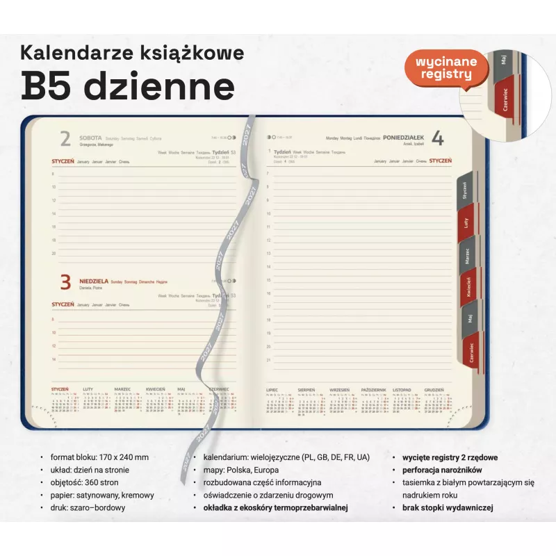 Kalendarz książkowy B5 DZIENNY z registrami - Czarny z czerwonym (B5-DZ-KK37)