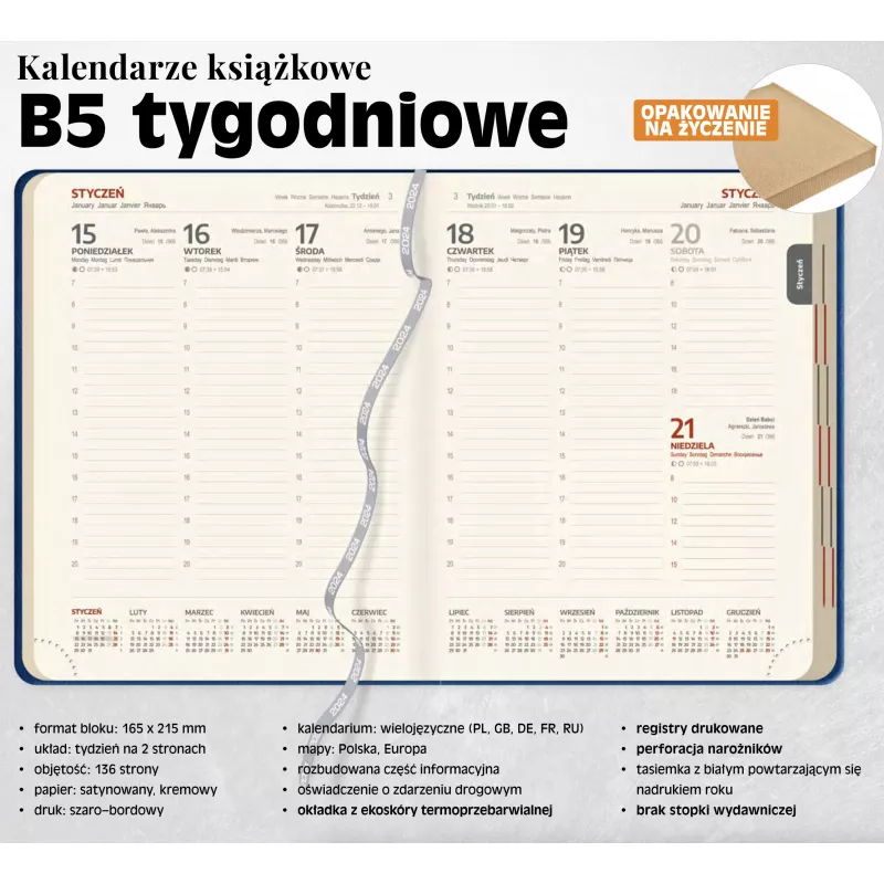 Kalendarz książkowy B5 TYGODNIOWY, registry drukowane - różne kolory (B5-TYG-KK)