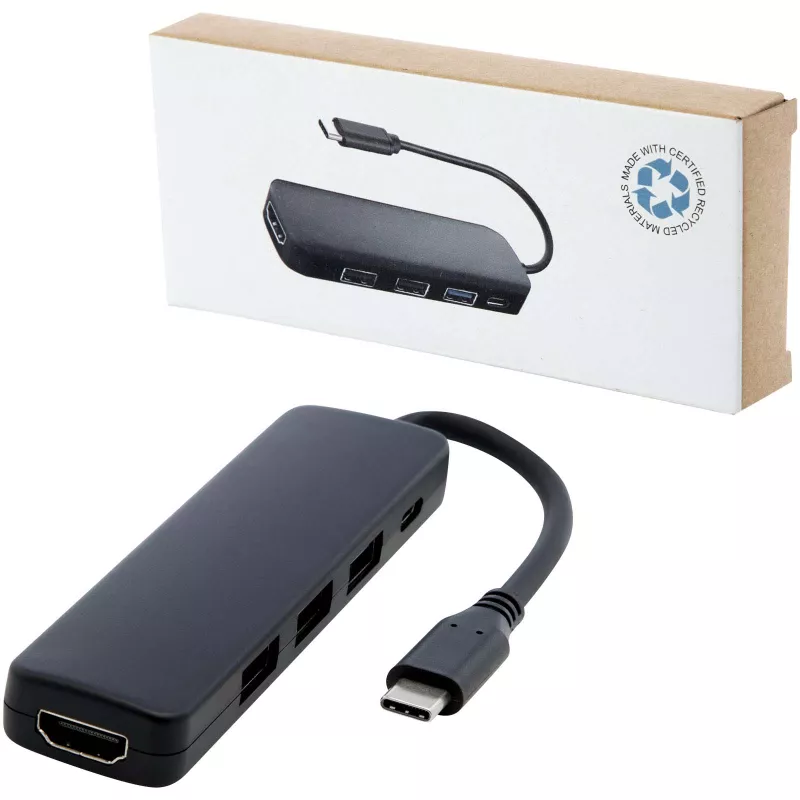 Loop adapter multimedialny USB 2.0-3.0 z portem HDMI wykonany z tworzyw sztucznych pochodzących z recyklingu z certyfikatem R - Czarny (12436890)