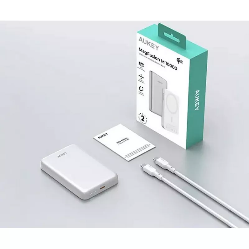 Magnetyczny, bezprzewodowy power bank 10000 mAh Aukey - srebrny (VAM12-32)