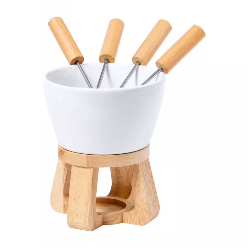 Ceramiczny zestaw do fondue z drewnianym stojakiem i 4 widelcami Helvet - naturalny (AP733693)
