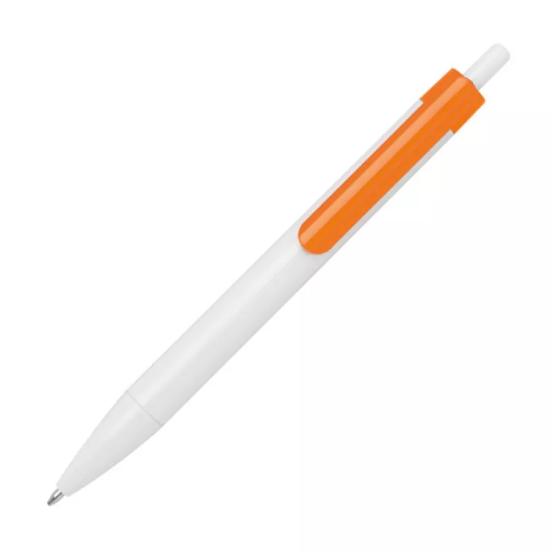 Biały długopis reklamowy z pomarańczowym klipem idealny pod nadruk
