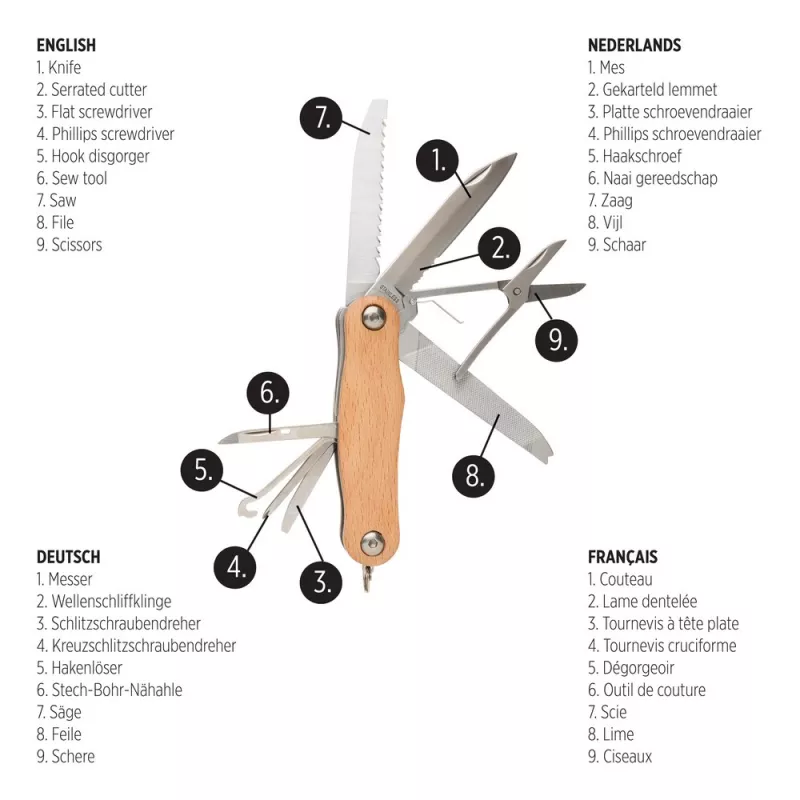 Nóż wielofunkcyjny, scyzoryk, 9 el. - brązowy (P221.389)