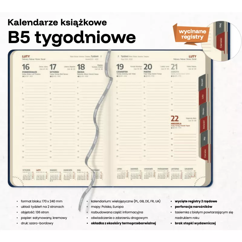 Kalendarz książkowy B5 TYGODNIOWY z registrami - Granatowy (B5-TYG-KK41)
