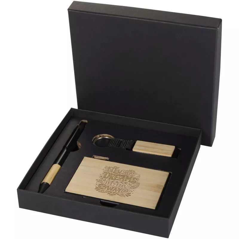 Minka zestaw upominkowy zawierający długopis wykonany z aluminium z recyklingu z certyfikatem RCS, łańcuch do kluczy oraz ramka na kartę RFID - Czarny-Piasek pustyni (10633706)