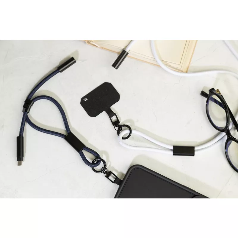 CuffCharge smycz na nadgarstek, uchwyt na telefon, kabel 60W RPET - ciemno niebieski (AP864134-06A)