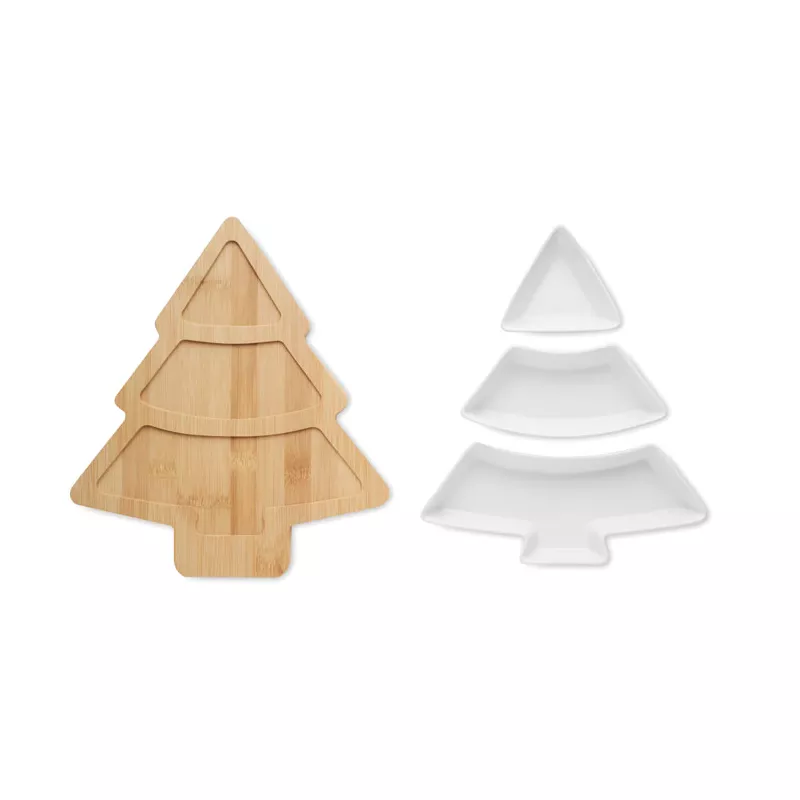 Taca bambusowa z 3 naczyniami ceramicznymi VIRAM - Bialy (CX1502-06)