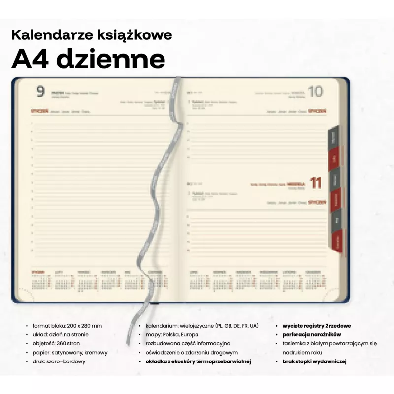 Kalendarz książkowy A4 DZIENNY z registrami - Czarny z czerwonym (A4-DZ-KK50)