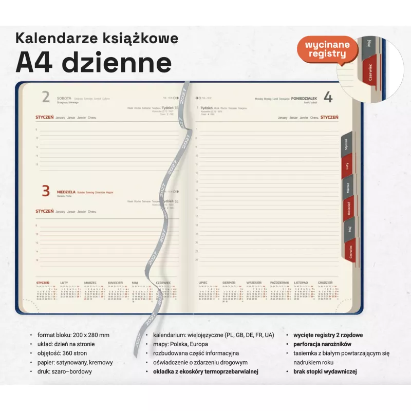 Kalendarz książkowy A4 DZIENNY z registrami - Czarny z czerwonym (A4-DZ-KK49)