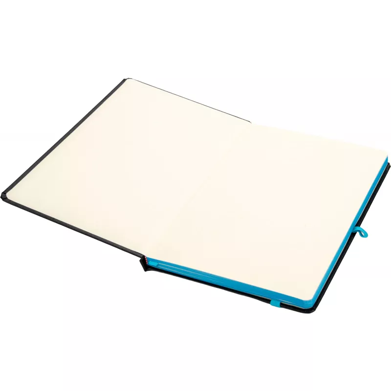 Czarny notes A5 z turkusową gumką i zakładką, krawędzie kartek turkusowe