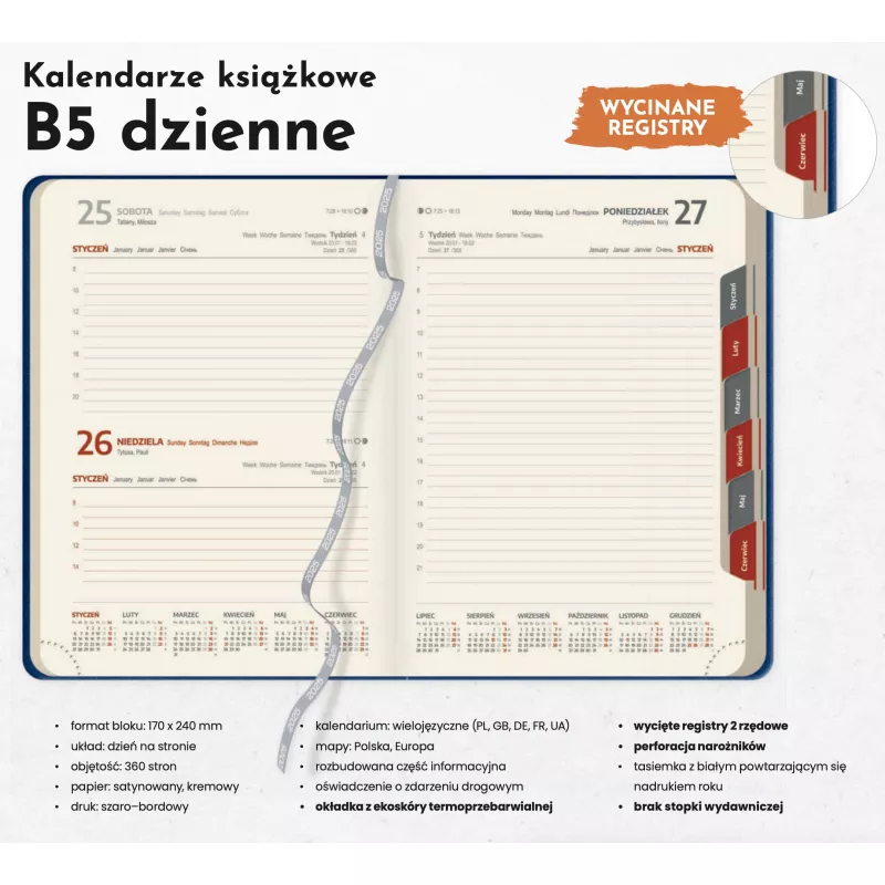 Kalendarz książkowy B5 DZIENNY z registrami - Granatowy (B5-DZ-KK35)