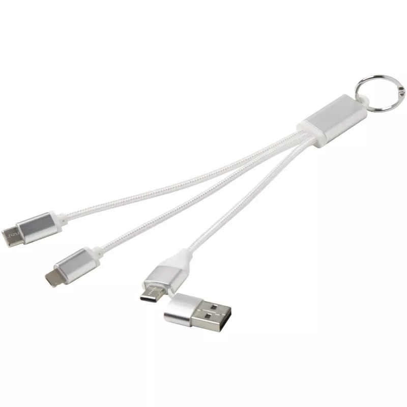 Metal kabel do ładowania 4 w 1 z aluminium z recyklingu z łańcuchem do kluczy - Srebrny (12438281)