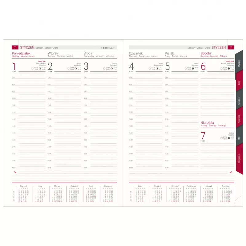 Kalendarz książkowy A4, tygodniowy, z registrami COMBO - różne kolory (KK-VCC-401RT)