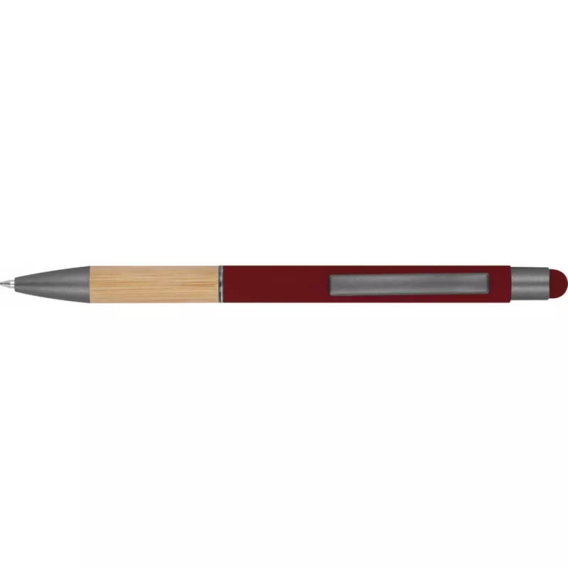 Długopis metalowy z uchwytem z bambusa i touch penem - bordowy (1358102)