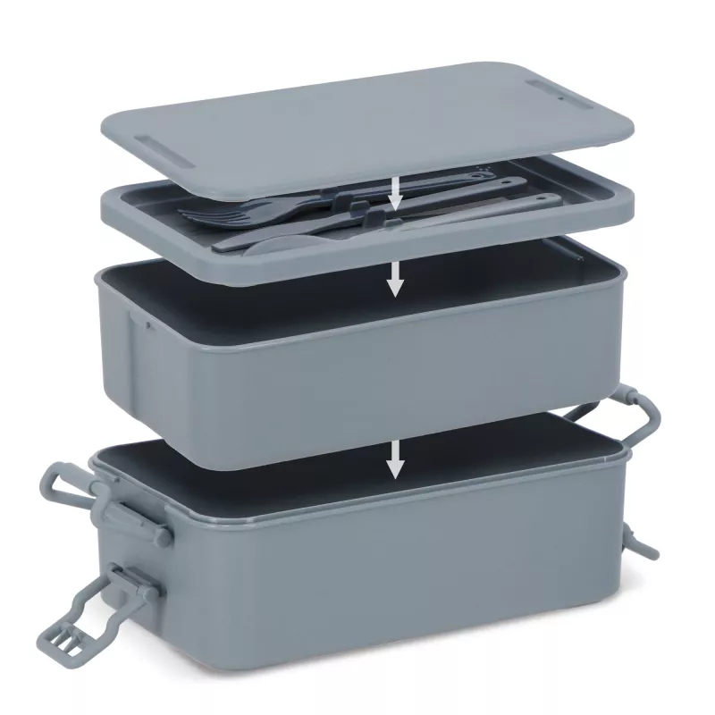 Dwupoziomowe pudełko na lunch z sztućcami - szary (LT90426-N0061)