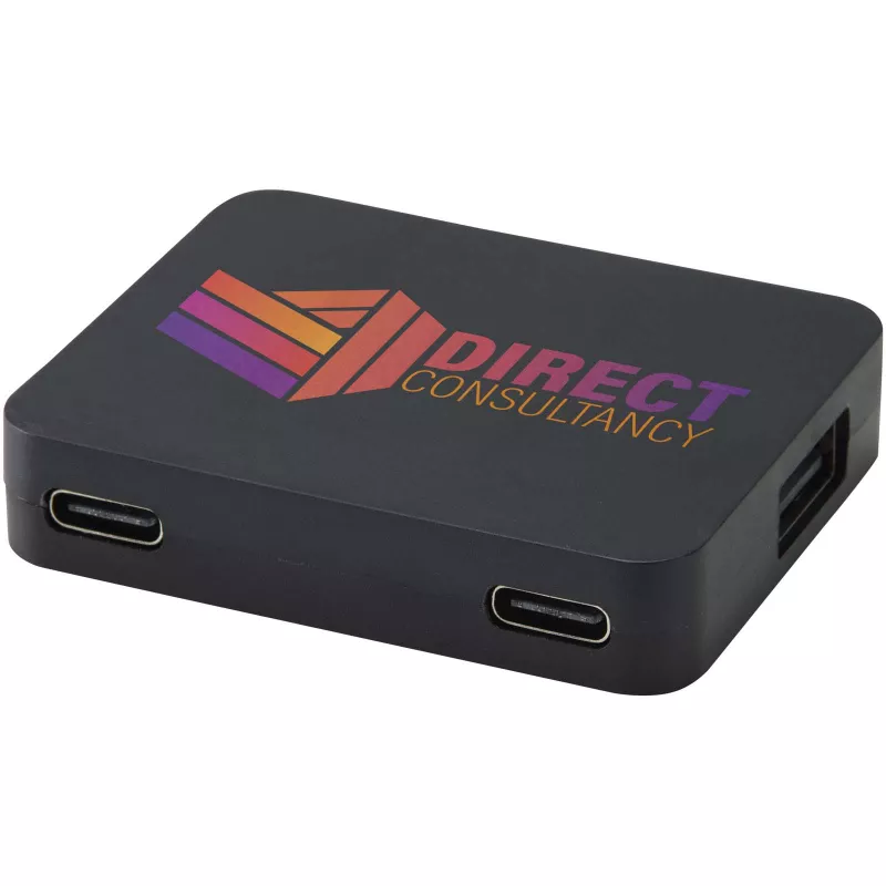 Gaia 4-portowy hub USB z wyjściem USB-A i typu C oraz podwójnym wejściem — wykonany z tworzyw sztucznych pochodzących z recyklingu - Czarny (12444990)