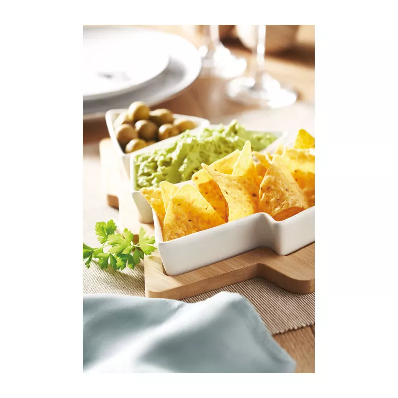Taca bambusowa z 3 naczyniami ceramicznymi VIRAM - Bialy (CX1502-06)