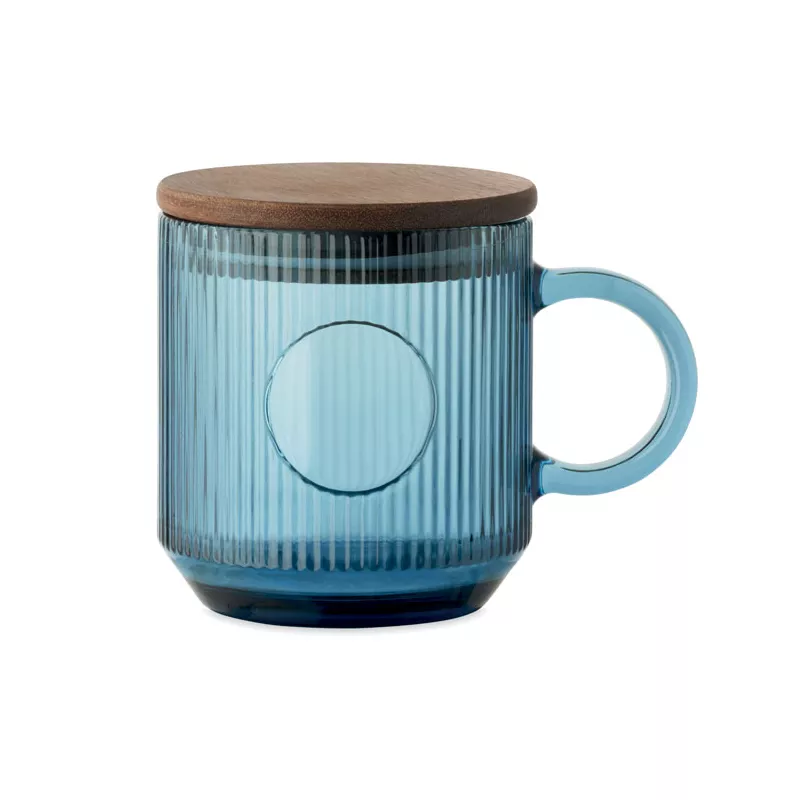 Kubek szklany prążkowany z pokrywką 300 ml VITRIO MUG - Przezroczysty Niebieski (MO2752-23)