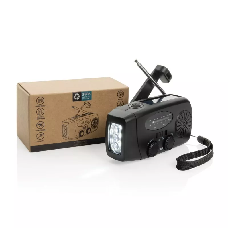 Radio survivalowe AM/FM, power bank 1800 mAh, latarka RescueWave - czarny (P326.4301)