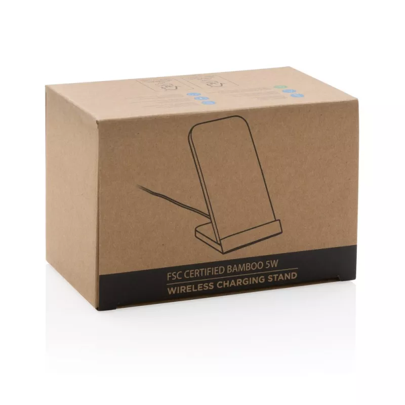 Bambusowa ładowarka bezprzewodowa 5W, stojak na telefon - brązowy (P308.359)