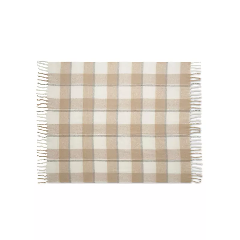 Koc w kratę z frędzlami RPET 127x152 cm QUET - Bezowy (MO2382-13)