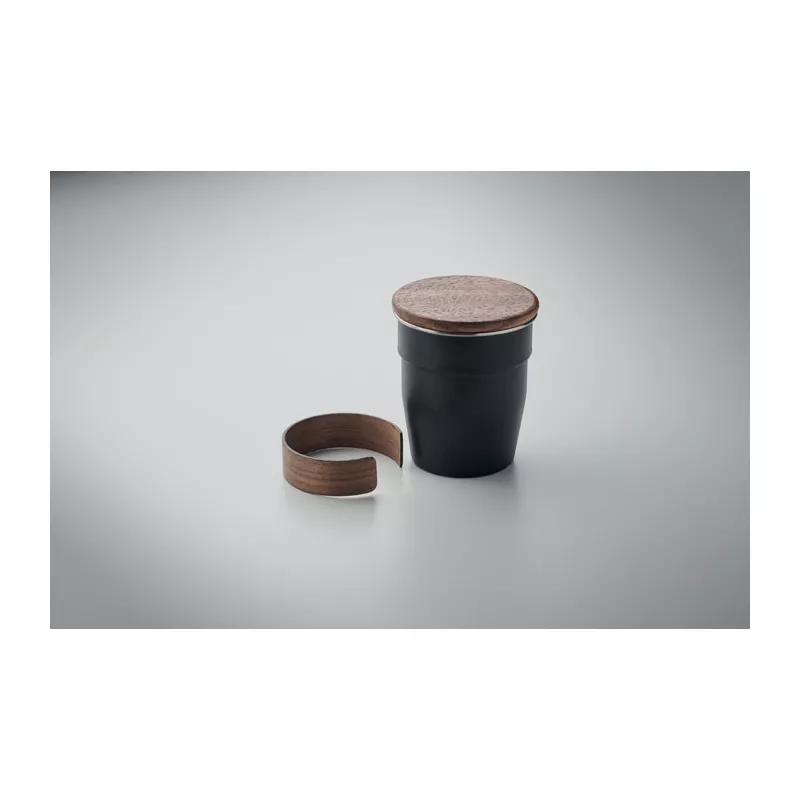 Kubek stalowy z pokrywką z orzecha 350 ml WALNUT - Czarny (MO2322-03)