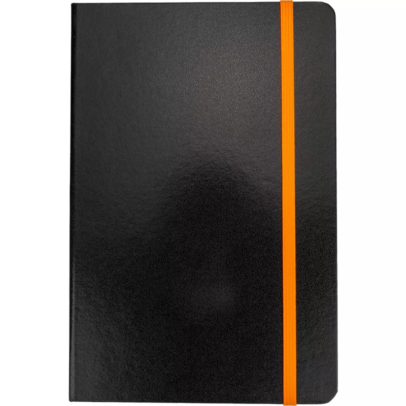 Czarny notes A5 z pomarańczową gumką i zakładką, krawędzie kartek pomarańczowe