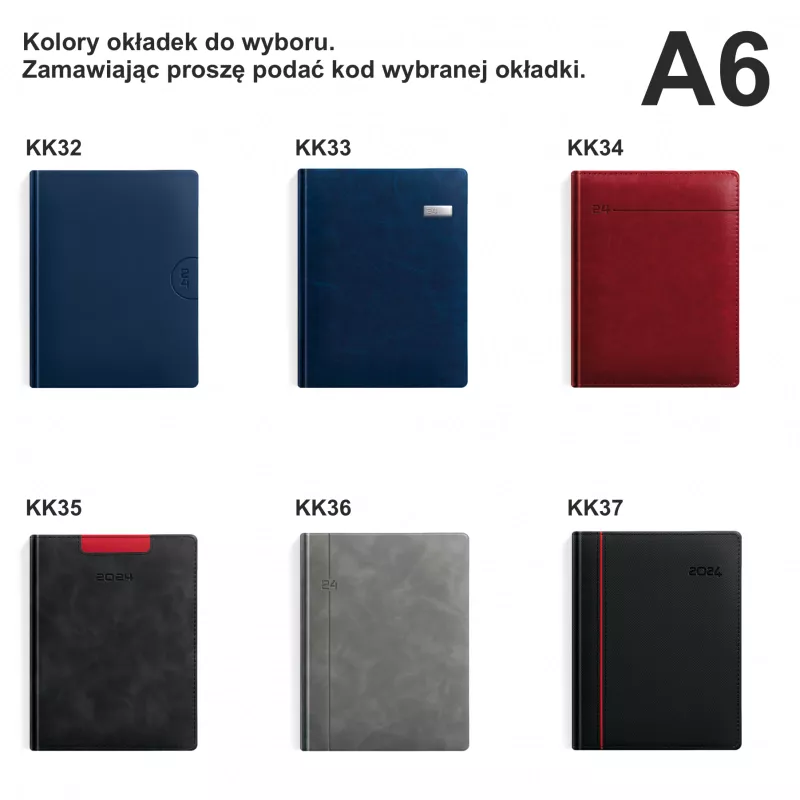 Kalendarz książkowy A6 TYGODNIOWY, registry drukowane - różne kolory (A6-TYG-KK)