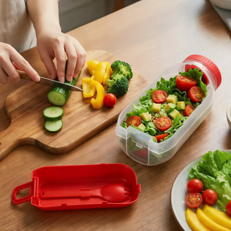 Pudełko na lunch z przegródką na sos, z łyżką i widelcem - czerwony (LT90427-N0021)