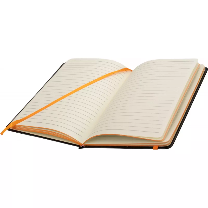 Czarny notes A5 z pomarańczową gumką i zakładką, krawędzie kartek pomarańczowe
