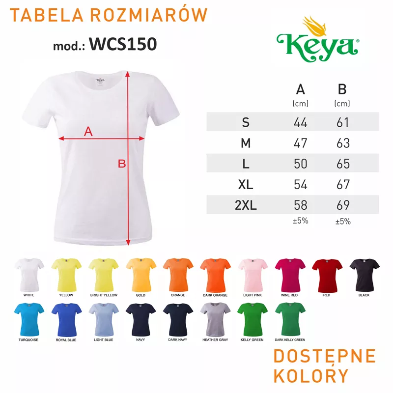 Koszulka bawełniana damska 150 g/m² KEYA WCS 150  - white (WCS150-WHITE)