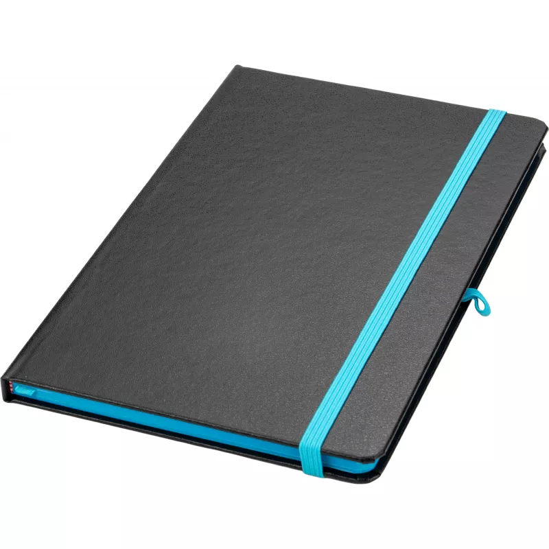Czarny notes A5 z turkusową gumką i zakładką, krawędzie kartek turkusowe