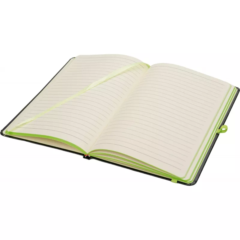 Czarny notes A5 z limonkową gumką i zakładką, krawędzie kartek limonkowe