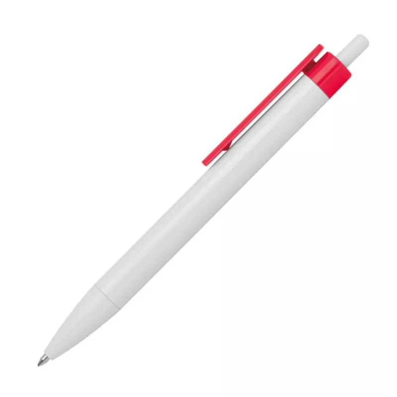 Biały długopis reklamowy z czerwonym klipem idealny pod nadruk