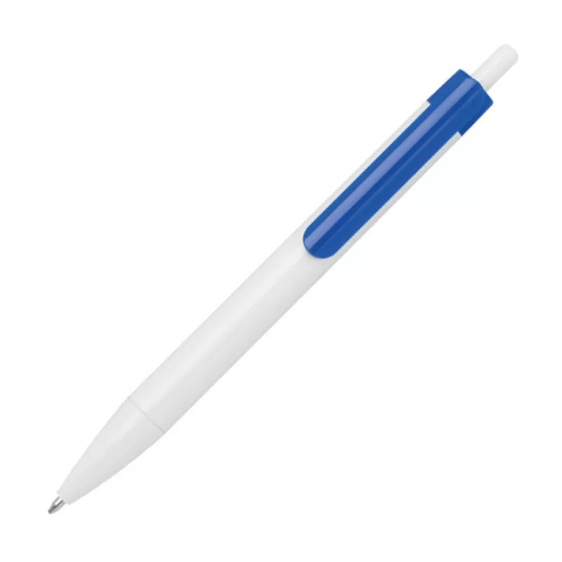 Biały długopis reklamowy z niebieski klipem idealny pod nadruk