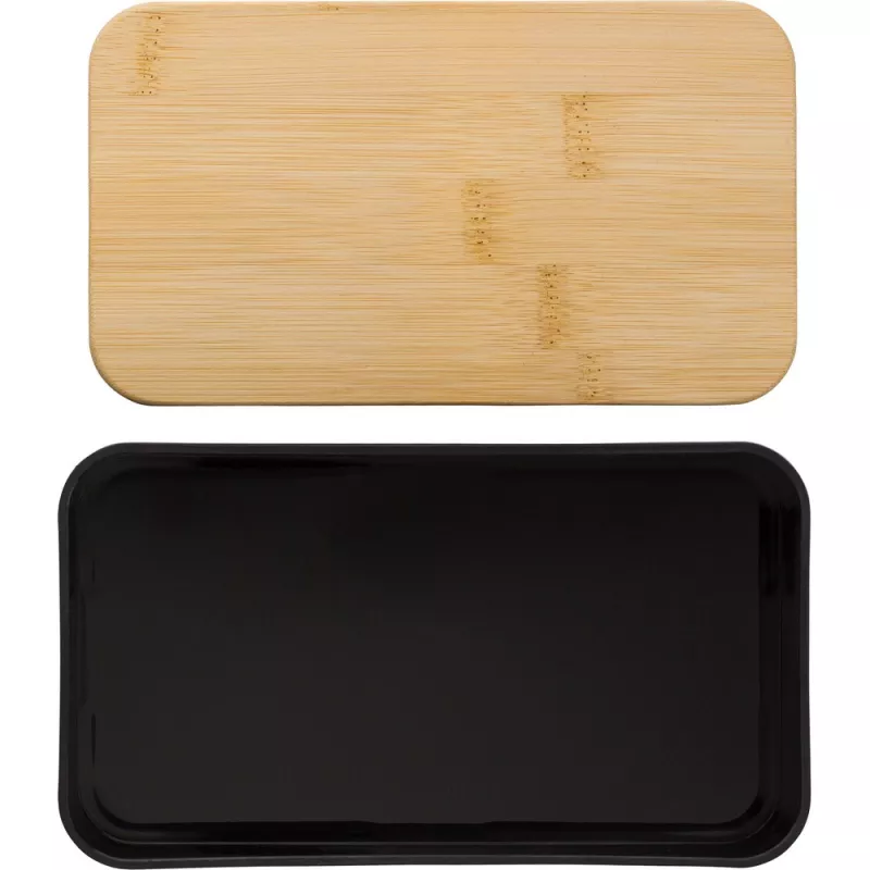 Pudełka śniadaniowe 2 szt., 2x400 ml, bambusowe wieczko, sztućce - czarny (V1215-03)