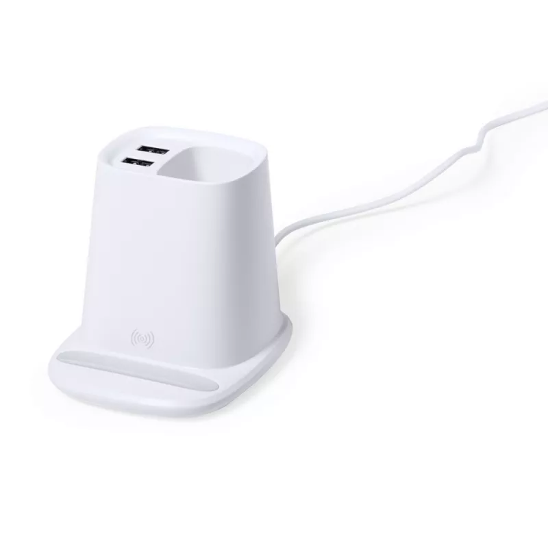 Ładowarka bezprzewodowa 5W, hub USB, pojemnik na przybory do pisania, stojak na telefon - biały (V0145-02)