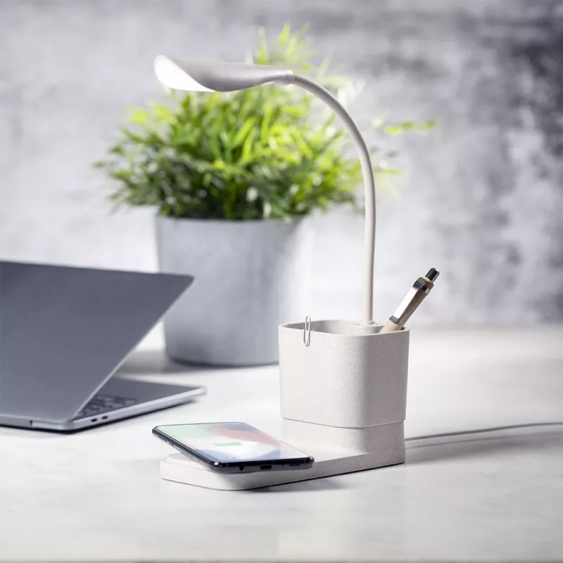 Lampka na biurko ze słomy pszenicznej, ładowarka bezprzewodowa 10W, stojak na telefon, pojemnik na przybory do pisania - neutralny (V8327-00)