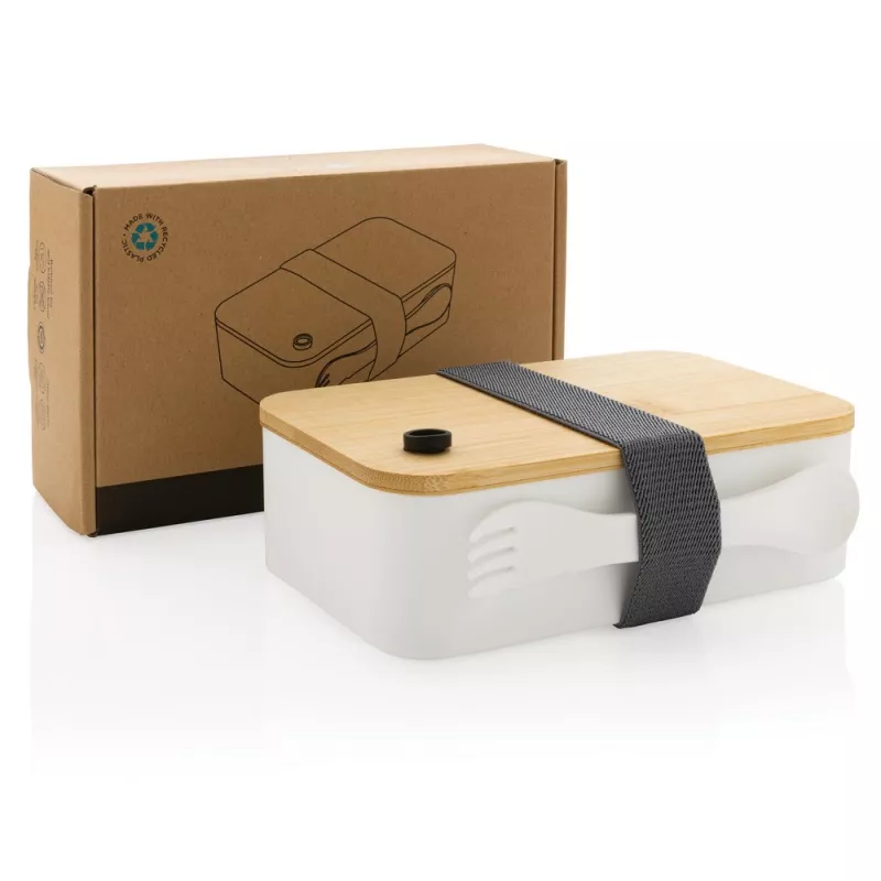 Pudełko śniadaniowe z bambusowym wieczkiem, PP z recyklingu - biały (P269.103)