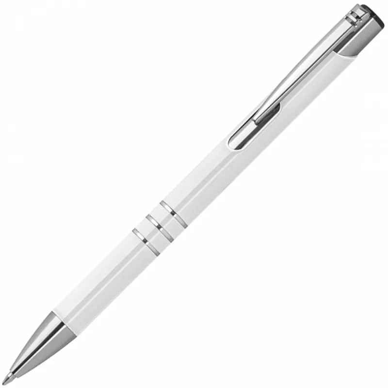 Biały długopis metalowy z trzema chromowanymi ringami idealne pod grawer reklamowy